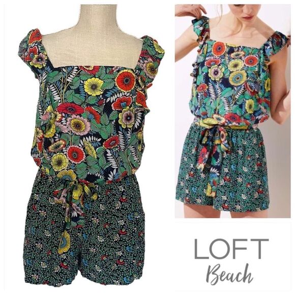 LOFT Beach Garden Floral Tie Waist Romper - Picture 1 of 12